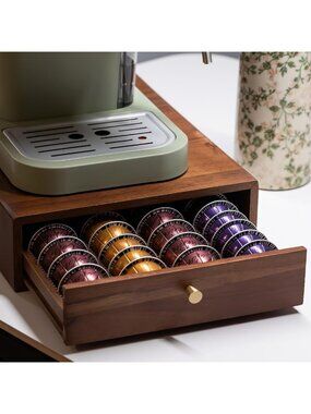 Acacia Wood Coffee Pod Organizer Tray - Holds 40 Big/60 Small Capsules, Storage